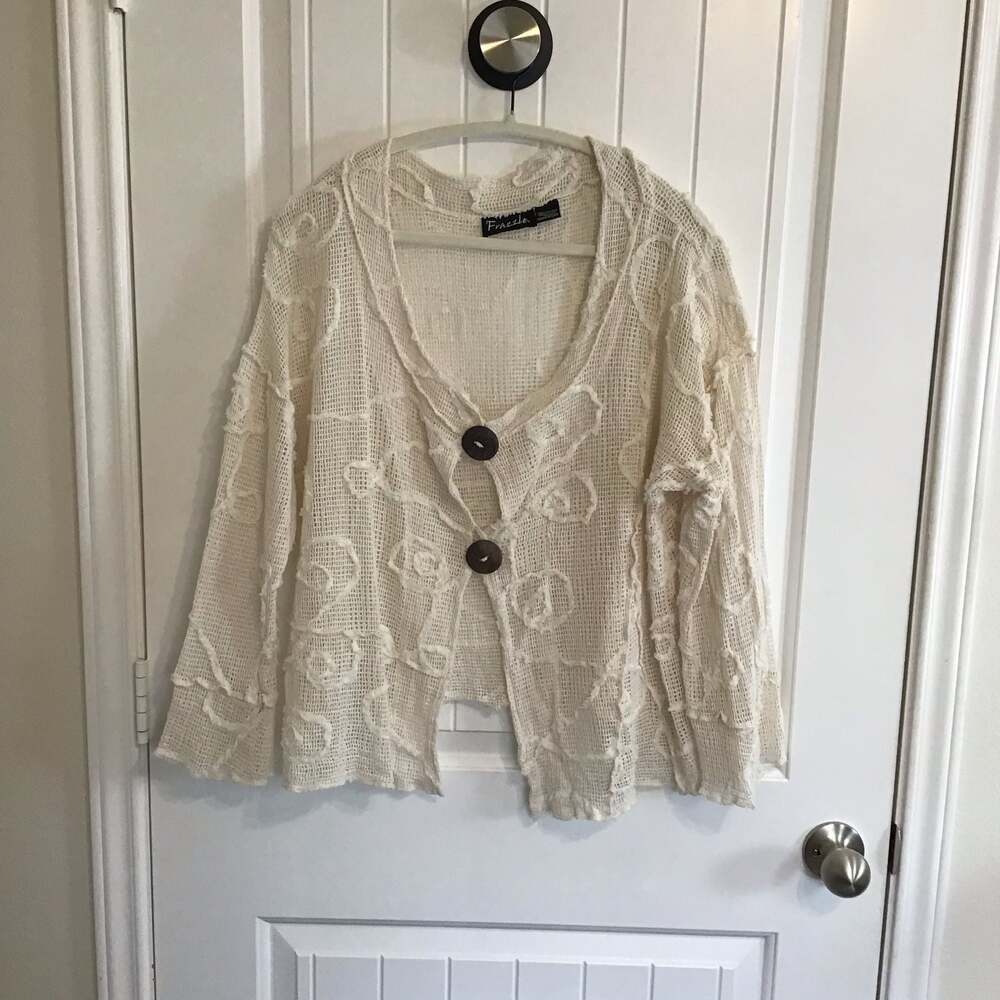 Frazzle Beige Textured Open-Knit Button-Front Cardigan XXL Boho Coverup - Picture 2 of 8